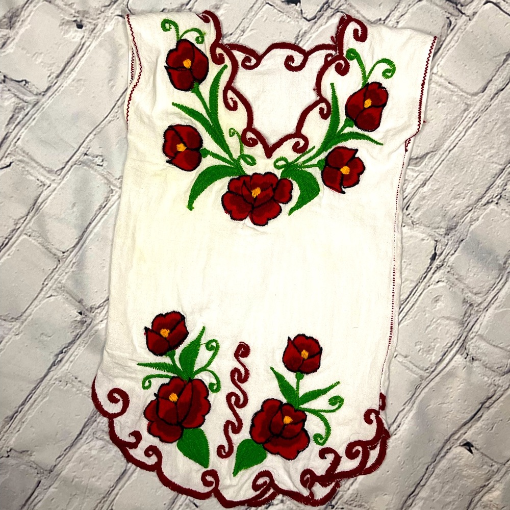 Floral Embroidered Kids Dress - Red & Green